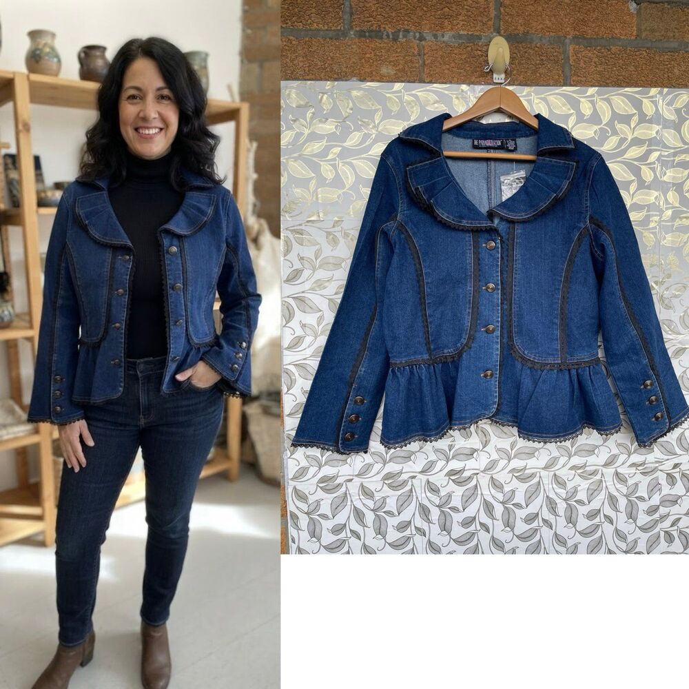 The Pyramid Collection Vintage Style Denim Peplum Jacket XL Lace Trim Blue